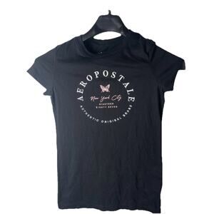 T Shirt Aeropostale Small Black Embroidered Classic Crew Teen Womens